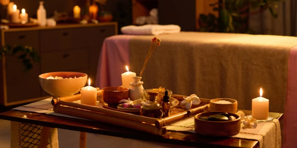 Serene treatment room with gold accents